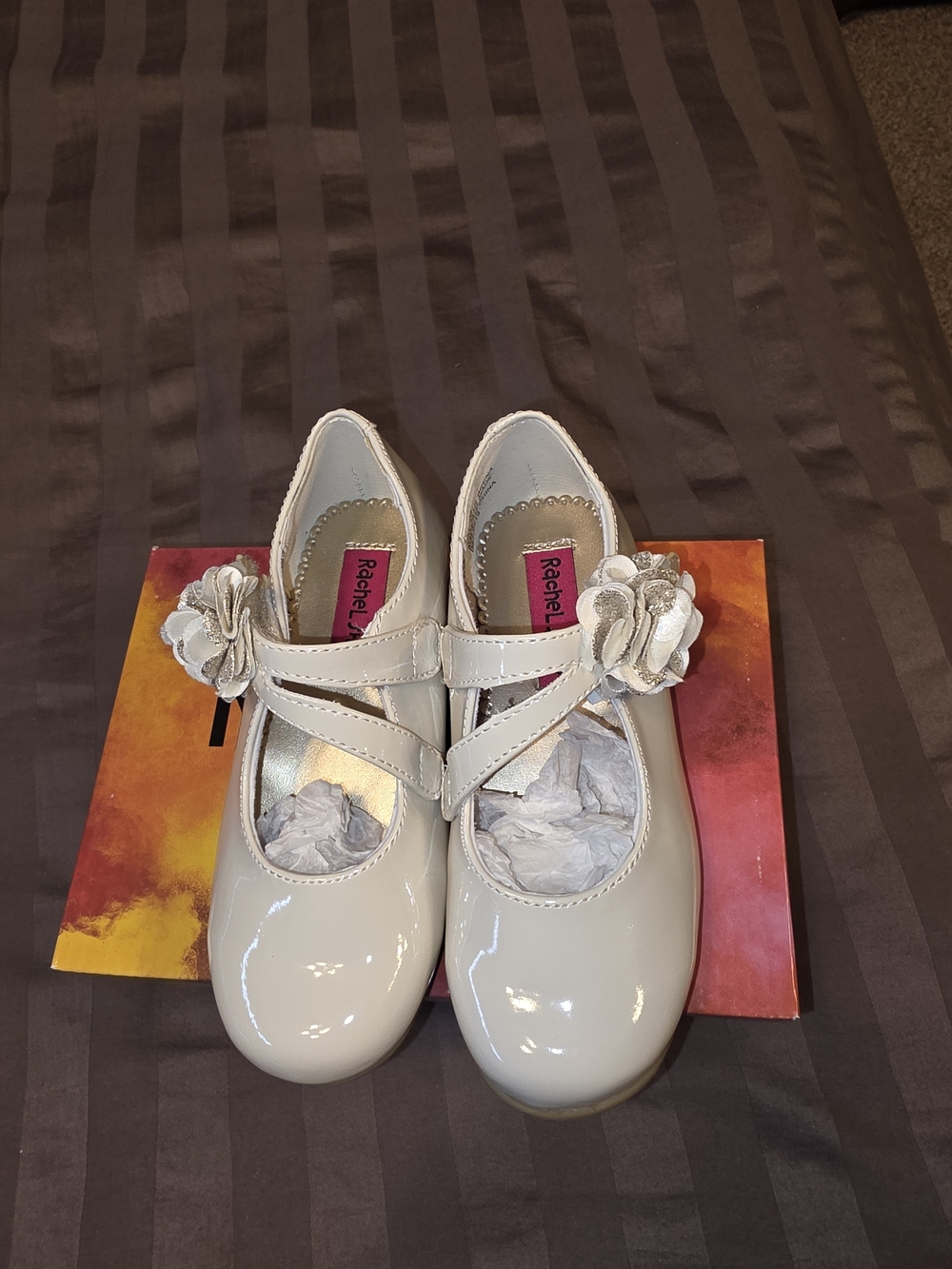 Rachel Cream Patent Mary Jane Shoes with Flower Strap